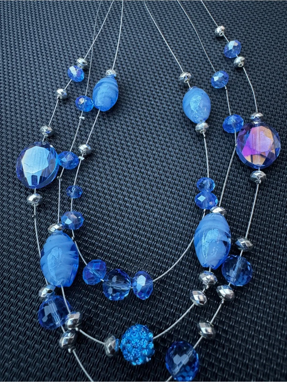 Blue Beaded Layered Multi-Strand Crystal Glass Necklace Lobster Closure 18